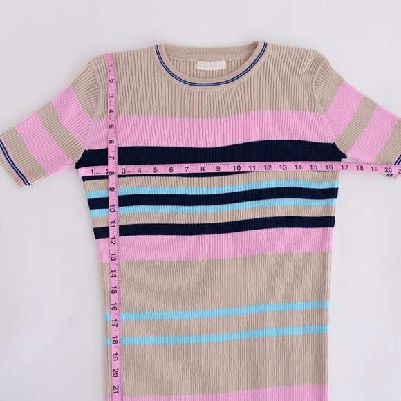 All Row Beige with Navy & Pink Stripe Bodycon Midi Short Sleeve Dress Medium - Picture 6 of 15